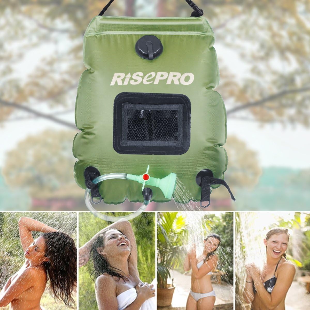 RISEPRO Solar Shower Bag, 5 gallons/20L Solar Heating Premium Camping Shower Bag Hot Water with Temperature 45°C Removable Hose on/Off Switchable Shower Head Hiking Climbing Summer Shower K8 : Sports & Outdoors
