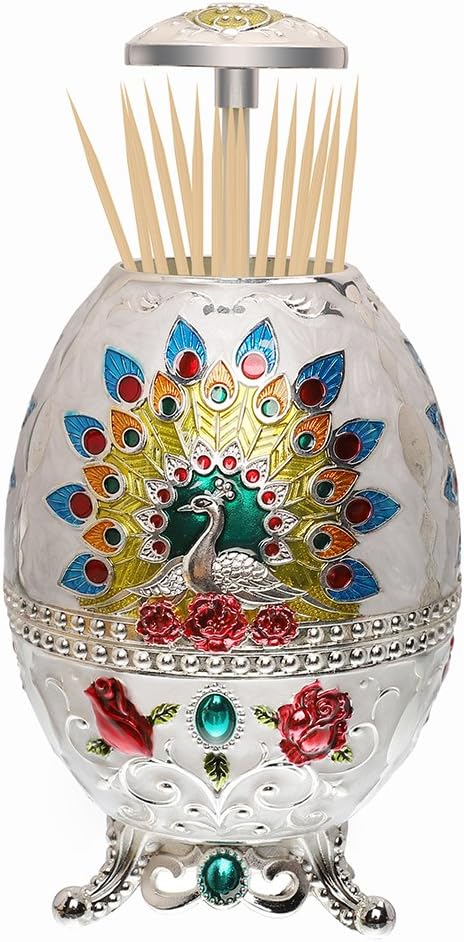 Portable Retractable Toothpick Holders with Bottle Opener Function Hand Push Metal Toothpicks Dispenser Automatic Retro Pop up Case Storage Organizer Container Ornament for Kitchen(Peacock-White)