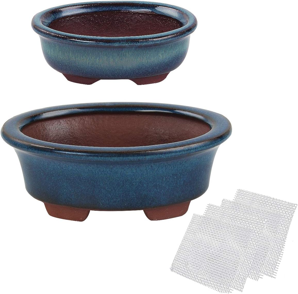 happy bonsai Small Glazed Pots, Value Pack of 2 + 4 Soft Mesh Drainage Screens, Blue, 14 x 5 cm/10 x 4 cm