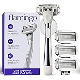 Flamingo Shaving Razor Set for Women - Razor Handle, 4 Razor Blade Refills, Shower Holder - Chrome