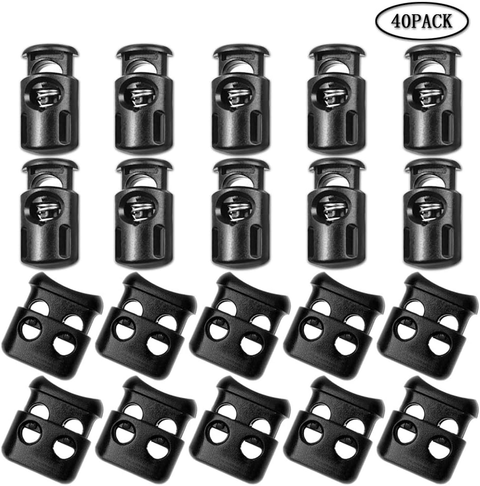 CKANDAY 40 Pcs Plastic Cord Locks, End Spring Toggle Stopper Slider for Drawstring Backpack Rucksack Craft Supplies, 20 Pcs Sing-Hole, 20 pcs Double-Hole (Black)
