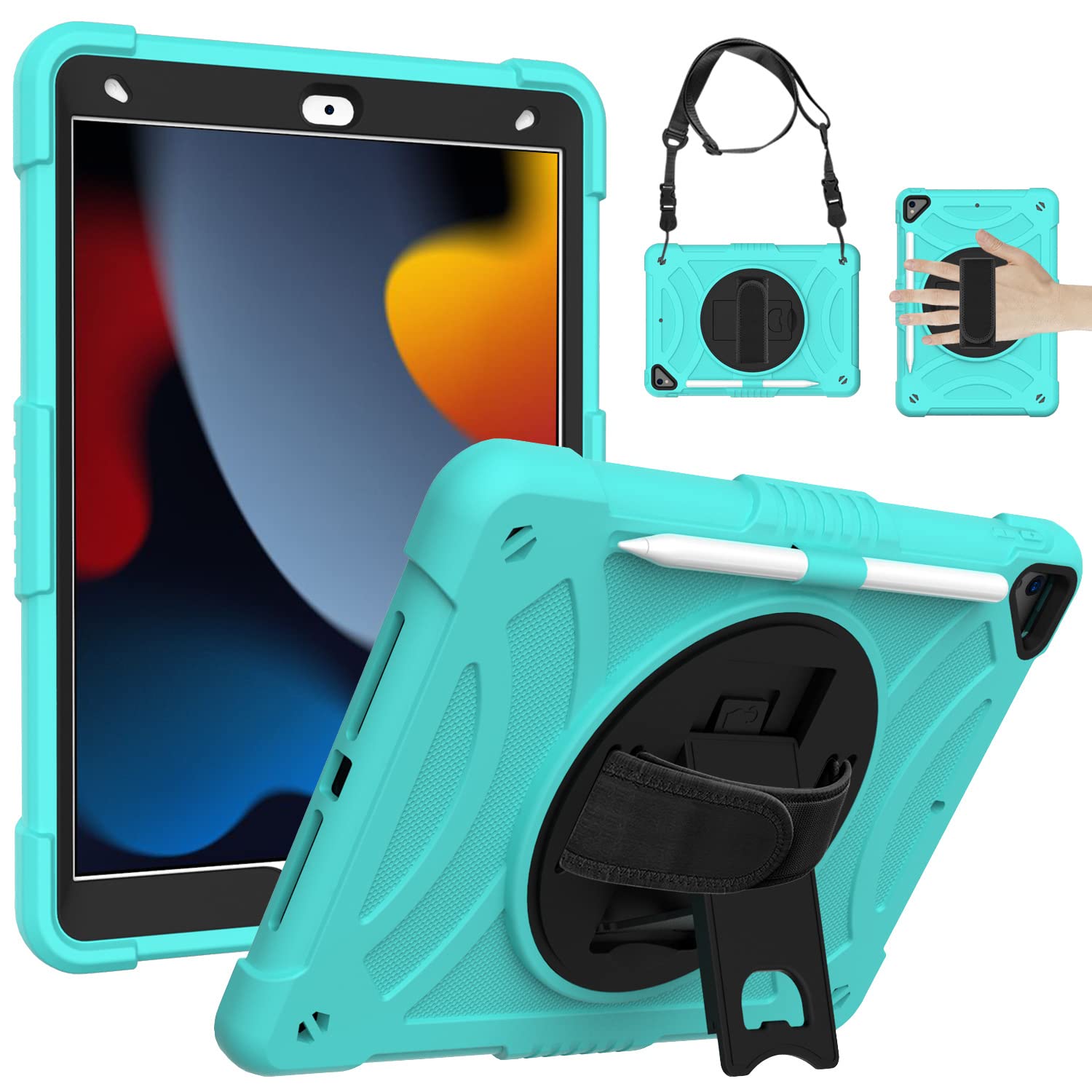 iPad Air3 10.5 Gen Case with Screen Protector Pen Holder Rotating Stand Hand/Shoulder Strap Durable Full Body Protective Case for iPad Mint Green