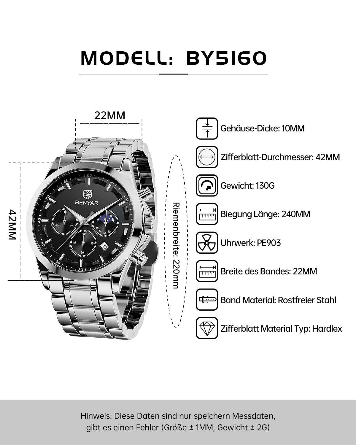 BY BENYAR Herrenuhr Uhren Herren Wasserdicht Herrenuhren Chronograph m?nner Armbanduhr für Herren Eleganz Lederarmband/Edelstahl Quarz Geburtstags/Weihnachts Gold/Silber/Blau/Schwarz