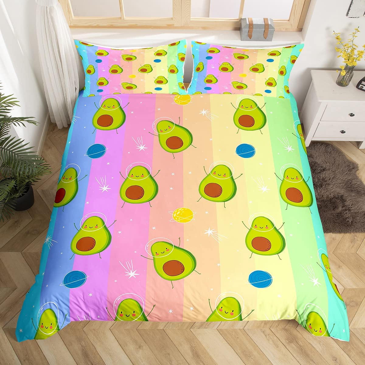 richhome Green Avocado Duvet Cover 3 pieces Colorful Stripes Shinny Dots Comforter Cover for Kids Boys Girls Lovely Avocado Fruits Ultra Soft Bedspread Bedroom Decor Quilt Cover Double Size — image 1