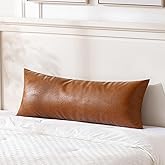 Fancy Homi Brown Boho Long Lumbar Faux Leather Body Decorative Throw Pillow Cover 14x36 Inch for Bedroom Couch Bed Bench, Thick Stylish Solid Rectangle Pillowcase, Rustic Modern Farmhouse Room Decor