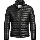 RABCHI Men’s Puffer Lambskin Leather Jacket – Distressed Brown Quilted Bomber Coat, Slim Fit with Stand Collar & Side Pockets