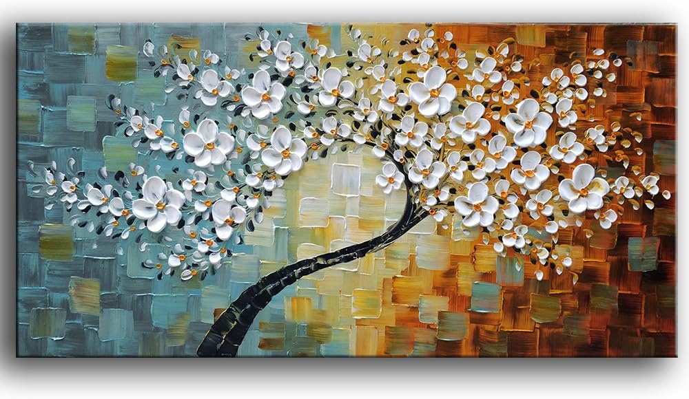 Paintings - YaSheng Art -100% Hand-Painted Contemporary Art Oil Painting On Canvas Texture Palette Knife Tree Paintings Modern Home Interior Decor Abstract Art 3D Flowers Paintings Ready to Hang 24x48inch