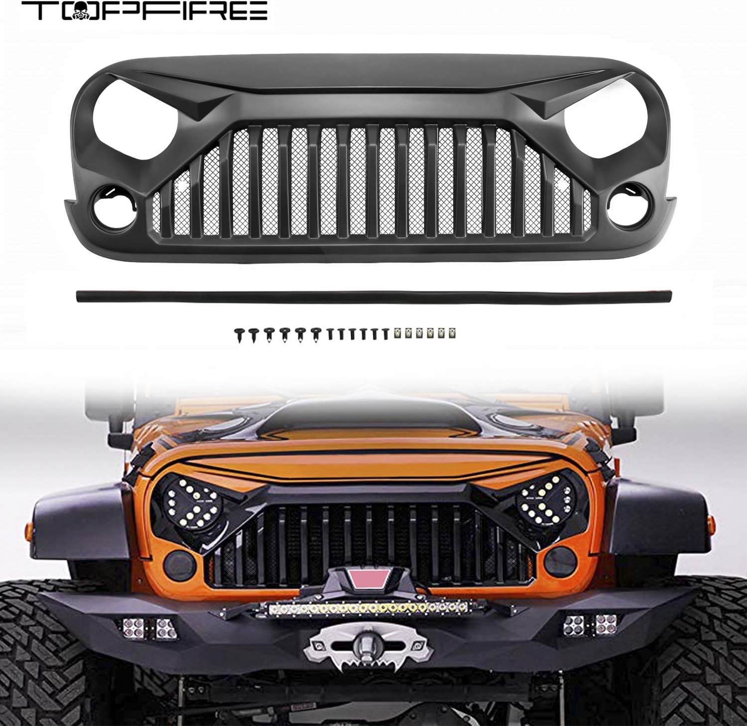 TOPFIRE Upgraded Front Grill with Insert Screen Grille for Jeep Wrangler Rubicon Sahara Sport JK/JKU 2007-2018 (Matte Black)