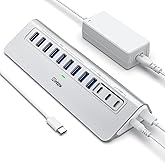 YH9AC Powered USB Hub 10Gbps, intpw 12 Port USB C Hub with 10Gbps USB C 3.2+2 USB A 3.2, 7 USB 3.0, 2 PD 45W Charging Port, 65W Power Adapter + 3.3FT Cable, Aluminum USB Hub for Laptop/iPhone 17/16/PC