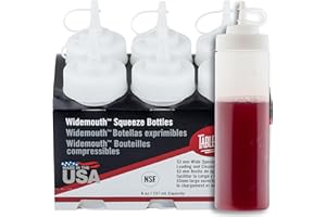 Tablecraft Plastic Condiment Squeeze Bottles, Foodservice Restaurant Commercial Use Widemouth 53mm, Cone-Tip Top w/ Tethered Cap for Olive Oil, BBQ Sauce, Dressing, Food Prep, 8 oz, 237 mL, Clear, 6
