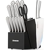 Astercook Knife Set Kitchen with Block and Sharpener Full Tang 15 Pcs Premium Stainless Steel Knives Dishwasher Safe Utensils Set with Anti-slip Ergonomic Handle, Elegant Black, Valentine's Gift