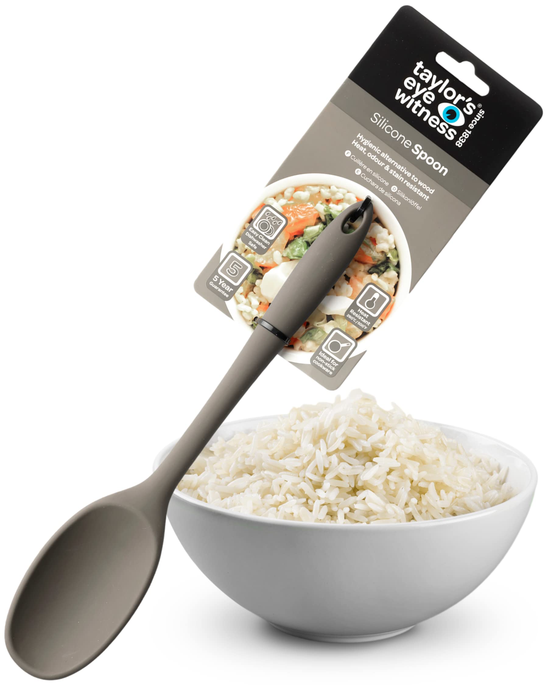 Taylors Eye Witness Large Silicone Grey Stirring Spoon - Dishwasher Safe. Perfect for Non-Stick Pans. Hygienic Alternative to Wood. Odour, Stain & Heat Resistant (260°C/500°F). 5 Year Guarantee.