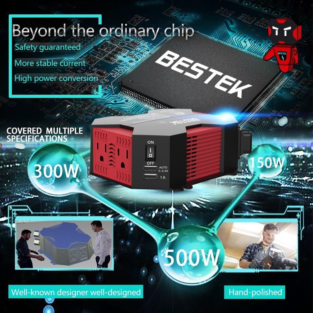 BESTEK 400W 400Watt 400W/500W DC 12V 110V Inverter with 4 USB Charging Ports, Power Converter with 2 AC Outlets Battery Clip Charger, Car Adapter (Upgrade Version): Automotive