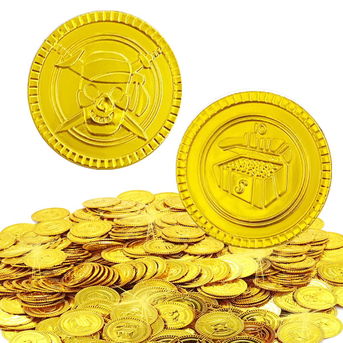 Photo 1 of 100 Pieces Plastic Pirate Gold Coins Set - Play Treasure Gold Coins for Pirate Themed Party, St. Patrick's Day, Treasure Hunt Game, Halloween and Novelty Party Favor