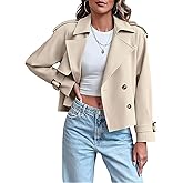 ebossy Women's Double Breasted Short Duster Trench Coat Lapel Loose Windproof Cropped Jacket Coat with Pockets