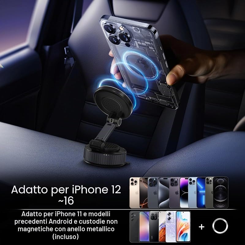 Supporto Magnetico per Cellulare Aggiornato con Aspirazione per Auto, Supporto Auto Magnetico da 15W, Rotazione a 360° per Auto/Specchio, Supporto Magnetico per Telefono per iPhone e Android — foto 2 di 8