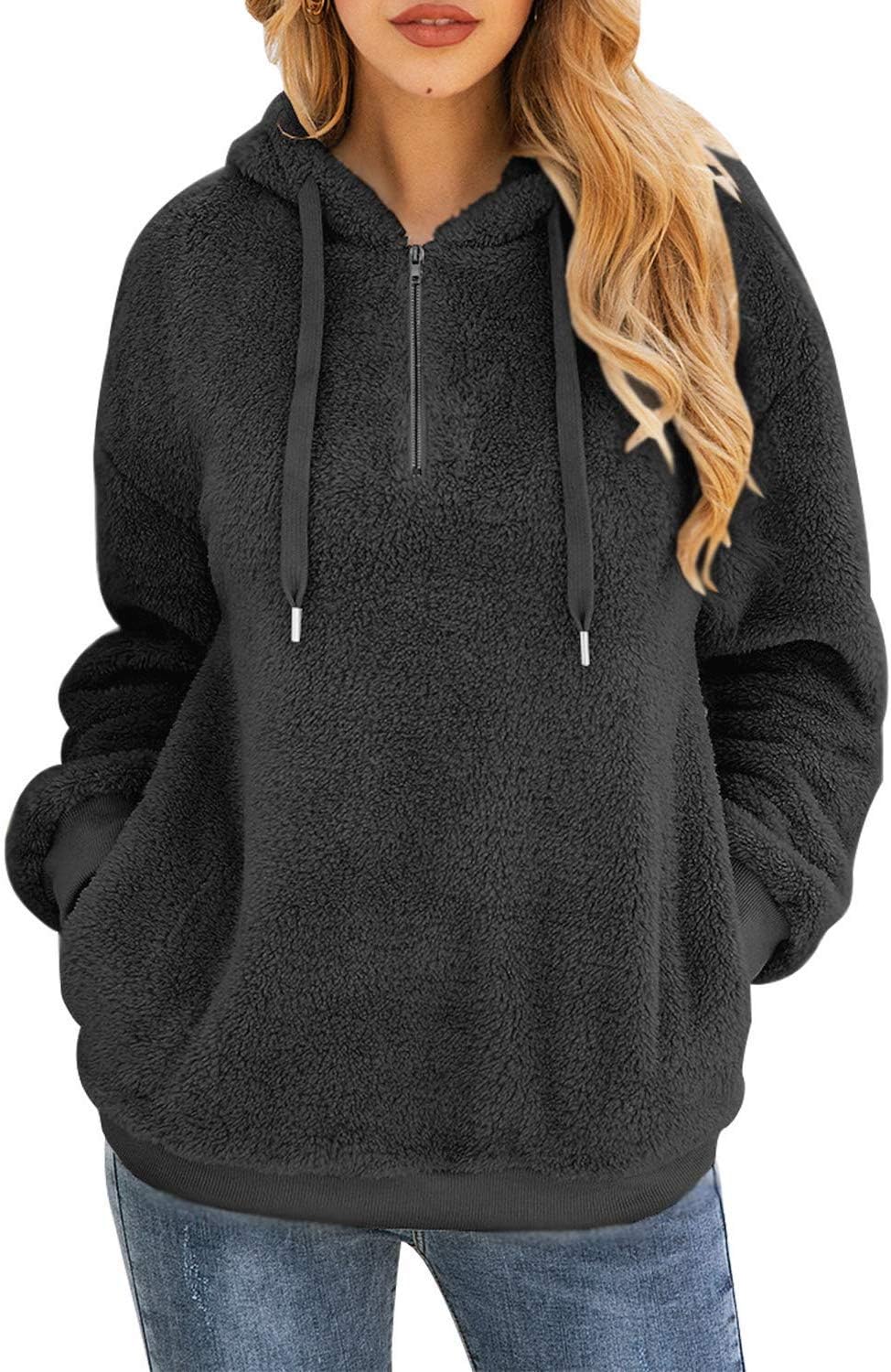 Women's Baggy Fluffy Pullover Hoodie with 1/4 Zipper and Drawstring for Winter Ladies Long Sleeves Sweatshirt Soft Tops Teddy Fleece