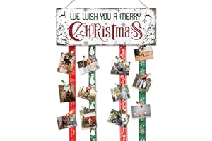 HJBL Christmas Card Holder Display,We Wish You A Merry Christmas Wooden Hanging Photo Picture Collage Holder with 30 Clips for Xmas Holiday Home Office Party Wall Decor
