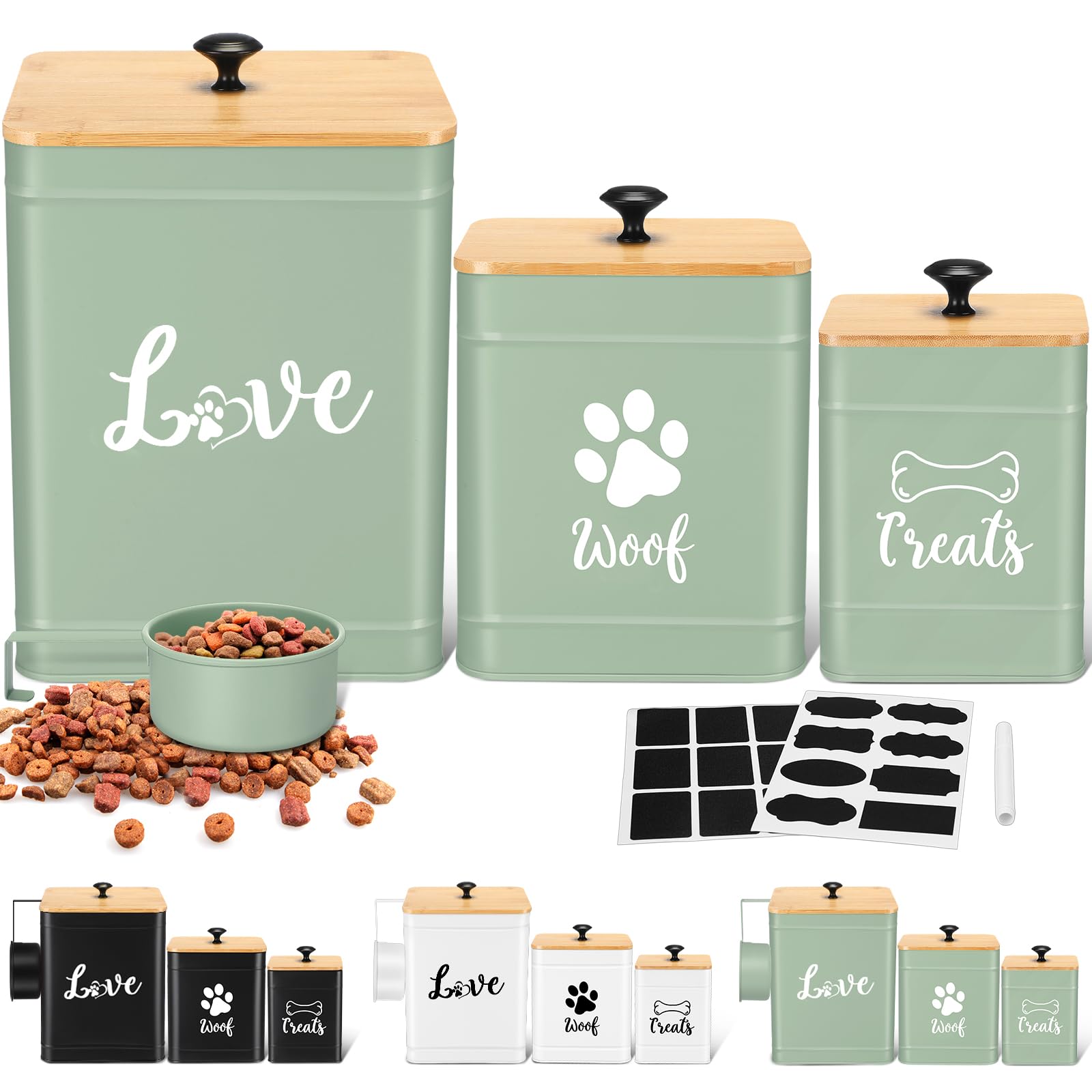 Photo 1 of Jingmore Metal Dog Treat Containers Set of 3 with Bamboo Lids and Spoon Airtight 7+3+2 lbs Dog Food Snack Jars with DIY Labels Big Pet Cookie Storage Jar for Kitchen Counter (Sage Green,Cute)