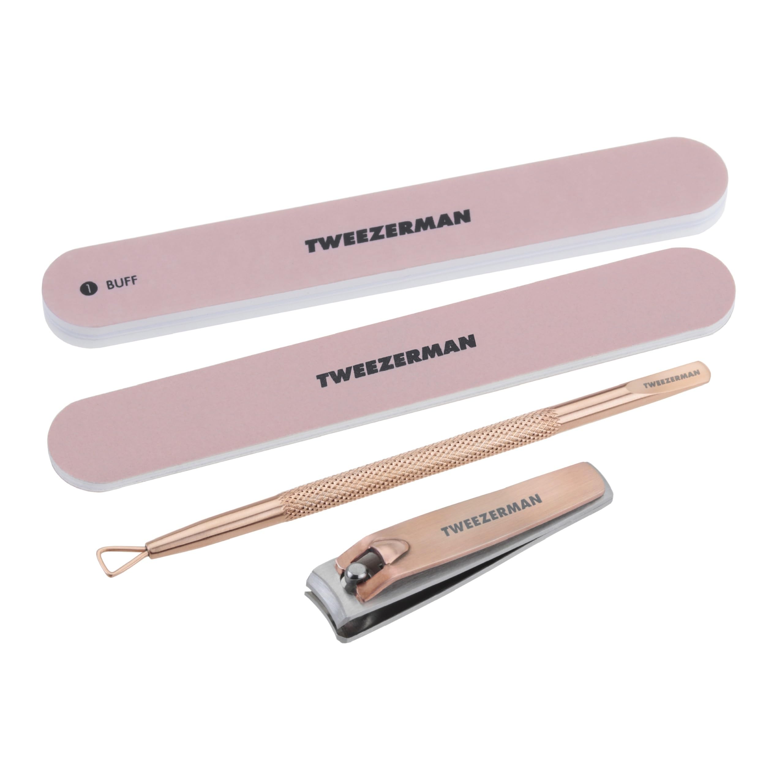 Tweezerman Rose Gold Manicure Kit, Includes Nail Clippers, Dual Ended Polish Remover/Cuticle Tool, Professional Nail File, & Dual Sided Buffer, (Set of 4)