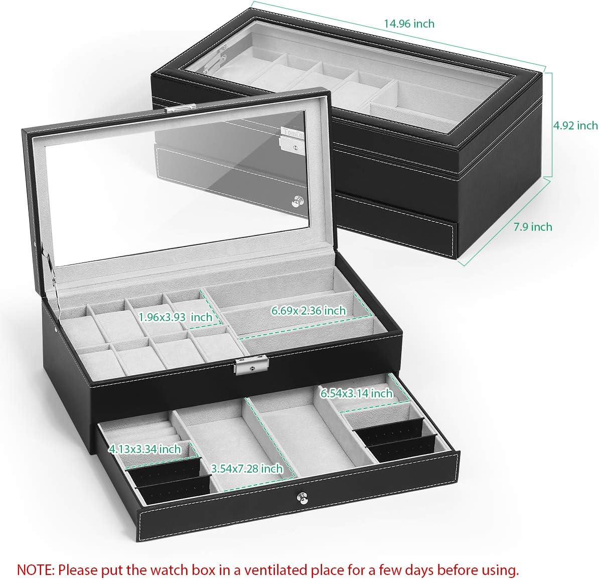 TomCare Upgraded Watch Box Watch Case Jewelry Organizer Holder Jewelry Display Box Case Drawer Sunglasses Storage Earrings Storage Organizer Lockable with Glass Top and PU Leather for Men Women, Black: Home & Kitchen