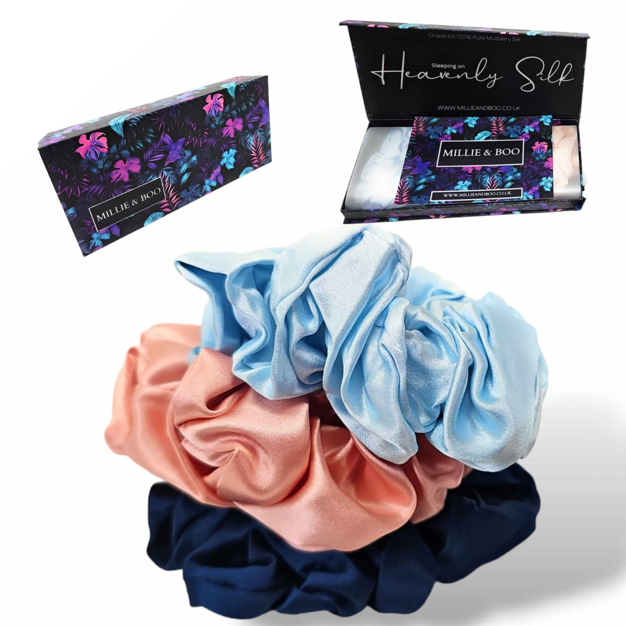 Millie & Boo Luxury Mulberry Silk Scrunchies Set of 3 - Light Blue, Light Pink, Navy Blue Hair Bands, Hair Accessories for Women, Hair Bobbles, Gift for Women in Elegant Gift Box