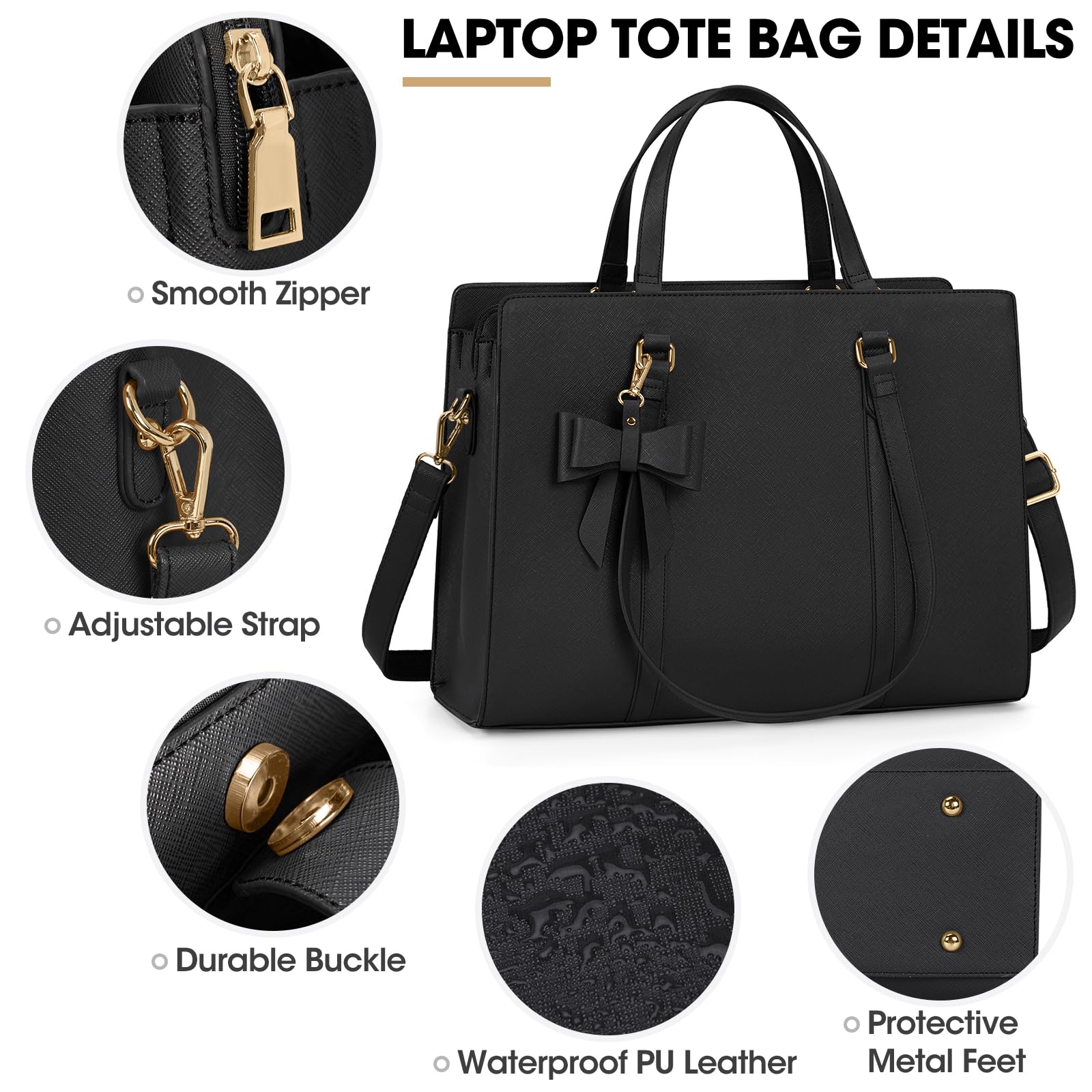 NEWHEY Handtasche Damen Shopper Damen Große Schwarz Tasche Damen Laptoptasche 15.6 Zoll PU Leder Umhängetasche Arbeitstasche für Business Arbeit Schule 6