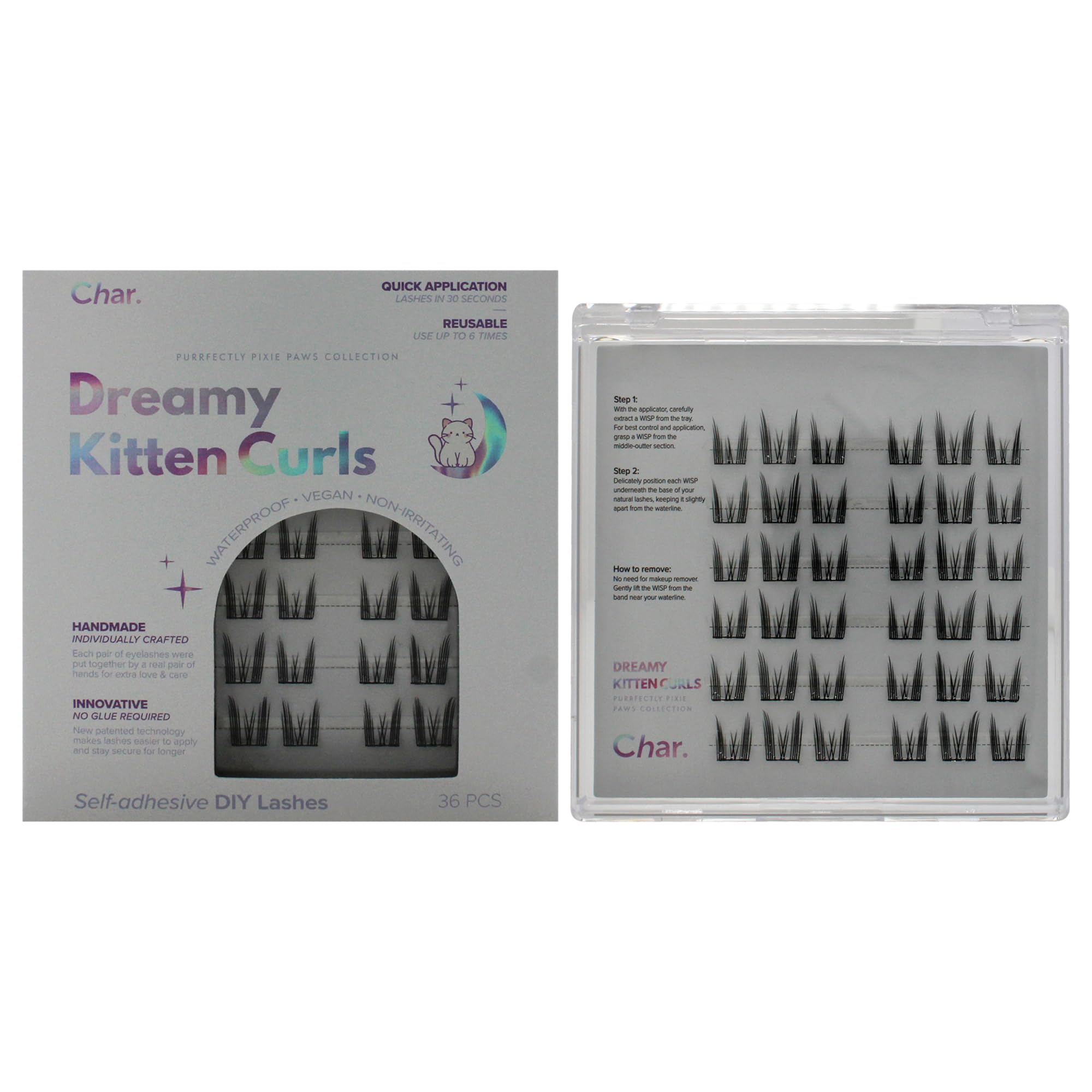 Char Cosmetics Eye Lashes - Sweatproof, Natural Look False Eyelashes - Reusable Fake Eyelashes for Comfortable Fit - Dreamy Kitten Curls - 36 pc