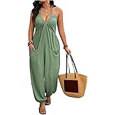 WDIRARA Women's Plus Size Backless Halter Jumpsuit Deep V Neck Sleeveless Pants Romper