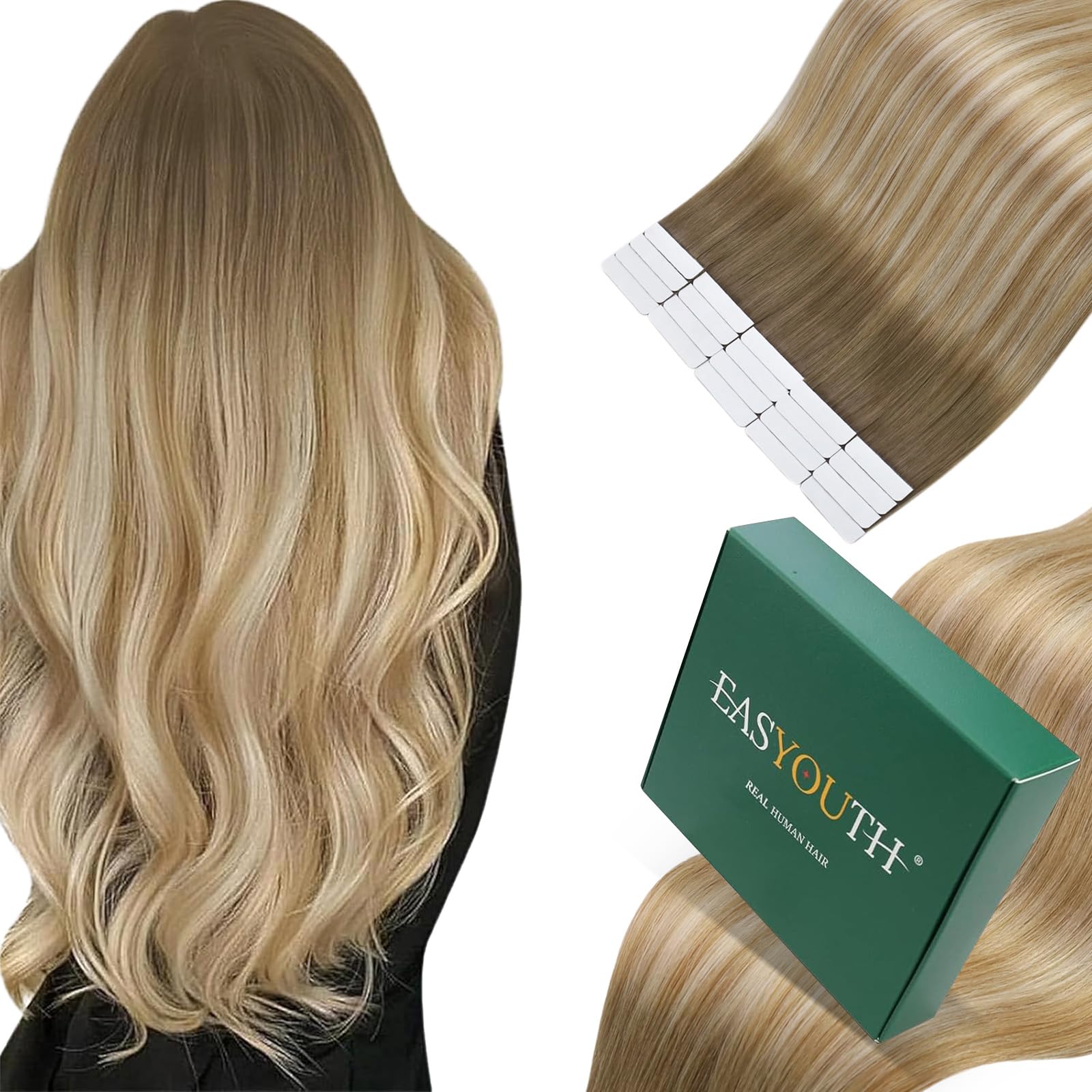 Easyouth Tape in Hair Extensions Real Human Hair Blond Balayage Tape in Human Hair Extensions Medium Brown Ombre Caramel Blonde Platinum Blonde Tape Hair Extensions Invisible 12Inch 30g 20Pcs #6/27/60 — image 1