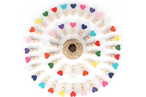 jijAcraft 100Pcs Mini Wooden Heart Clothespins, Multicolor Small Clothespins with Heart, 3.5cm Heart Photo Clips, Tiny Clothes Pins with String for Photos Display,DIY Craft,Wedding&Baby Shower Decor