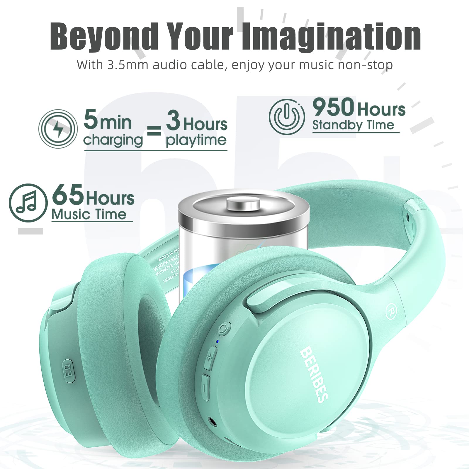 BERIBES Bluetooth Headphones Over Ear, 65H Playtime and 6 EQ Music Modes Wireless Headphones with Microphone, HiFi Stereo Foldable Lightweight Headsets, Deep Bass for Home Office Cellphone PC Ect.