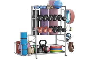 Cofiyard 700LBS Dumbbell Rack,5 Tier Weight Rack for Dumbbells,Home Gym Storage Rack for Dumbbells Kettlebells and Yoga Mat, All in One Heavy Duty Weight Organizer with Wheels and Hooks (Silver)