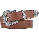 XILTAEN Western Belt for Women Cowgirl Cowboy Adjustable Belt for Jeans Pants with Silver Vintage Engraved Buckle