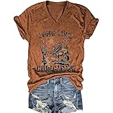 OUMASK Women’s Cactus Cowgirl Shirt Western Riding Country Music V Neck T-Shirt Retro Sun Printed Short Sleeve Tees Tops