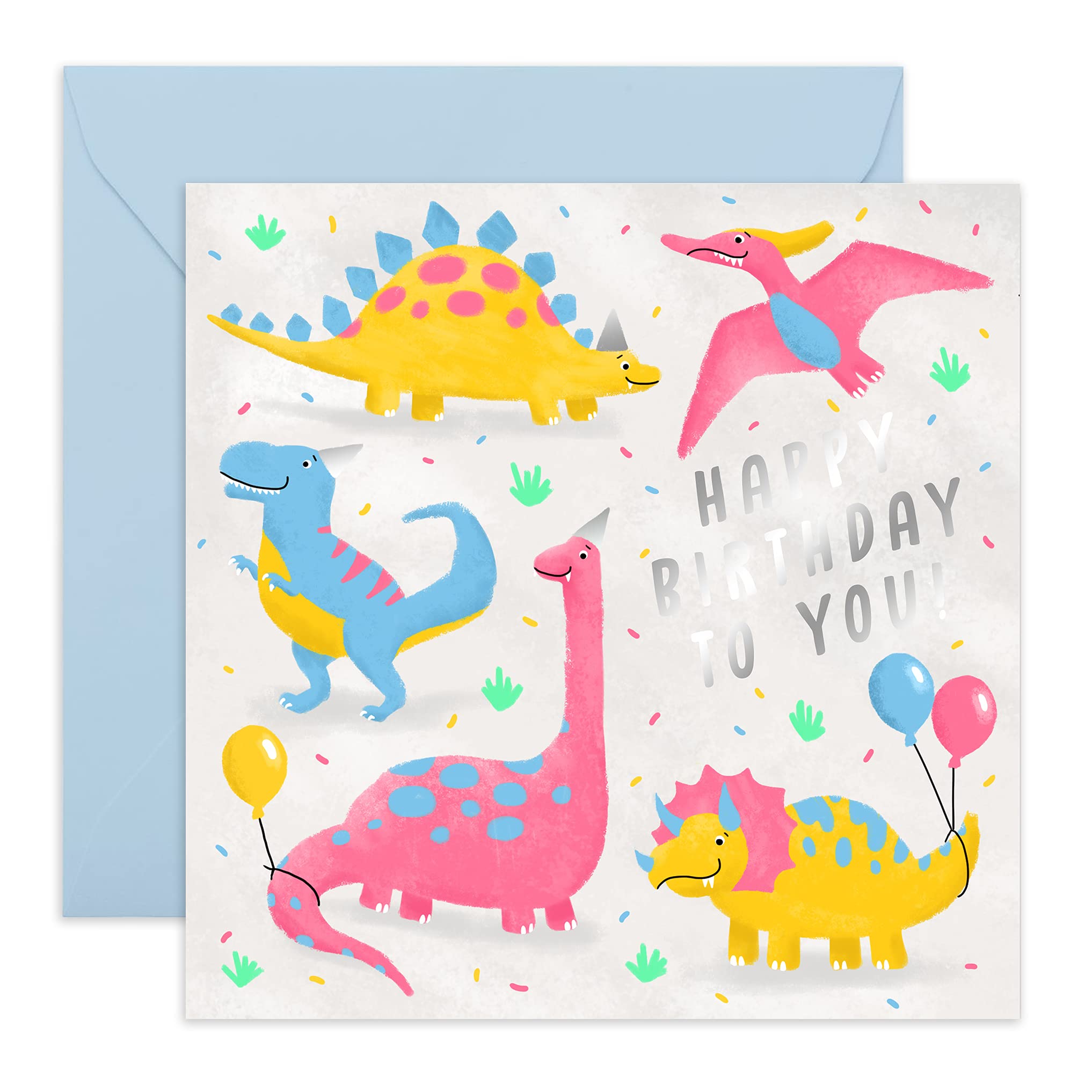 Central 23 - Dinosaur Birthday Card - For Boys or Girls - Pink and Blue Balloons - Comes With Fun Stickers