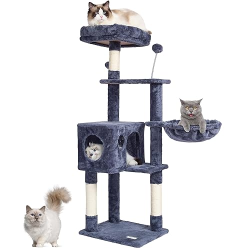 VEVOR Cat Tree for Indoor, 45.2" Cat Tower with Condo, Sisal Scratching Post, Hammock, Top Perch, Jumping Platforms, Large House with Hang Ball, Furniture Activity Center, Dark Grey