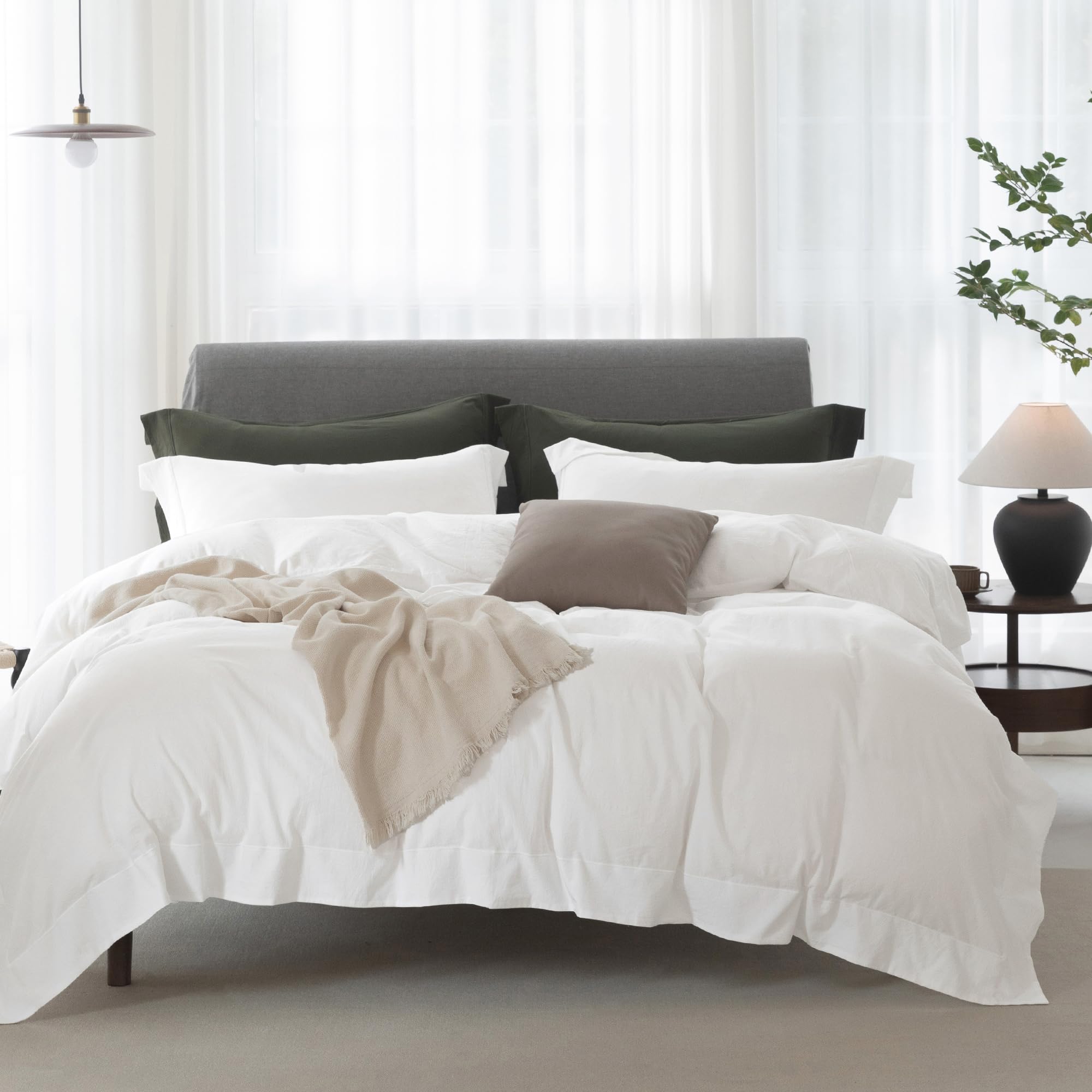 Photo 1 of ELIMMO Cooling Full Duvet Cover Set 3 Pieces-100% Washed Cotton with Chic Wide Trim Design Linen Like Textured Ultra Soft Cozy Bedding with Zipper Closure(Hemmed Off White,Full 80"x90")