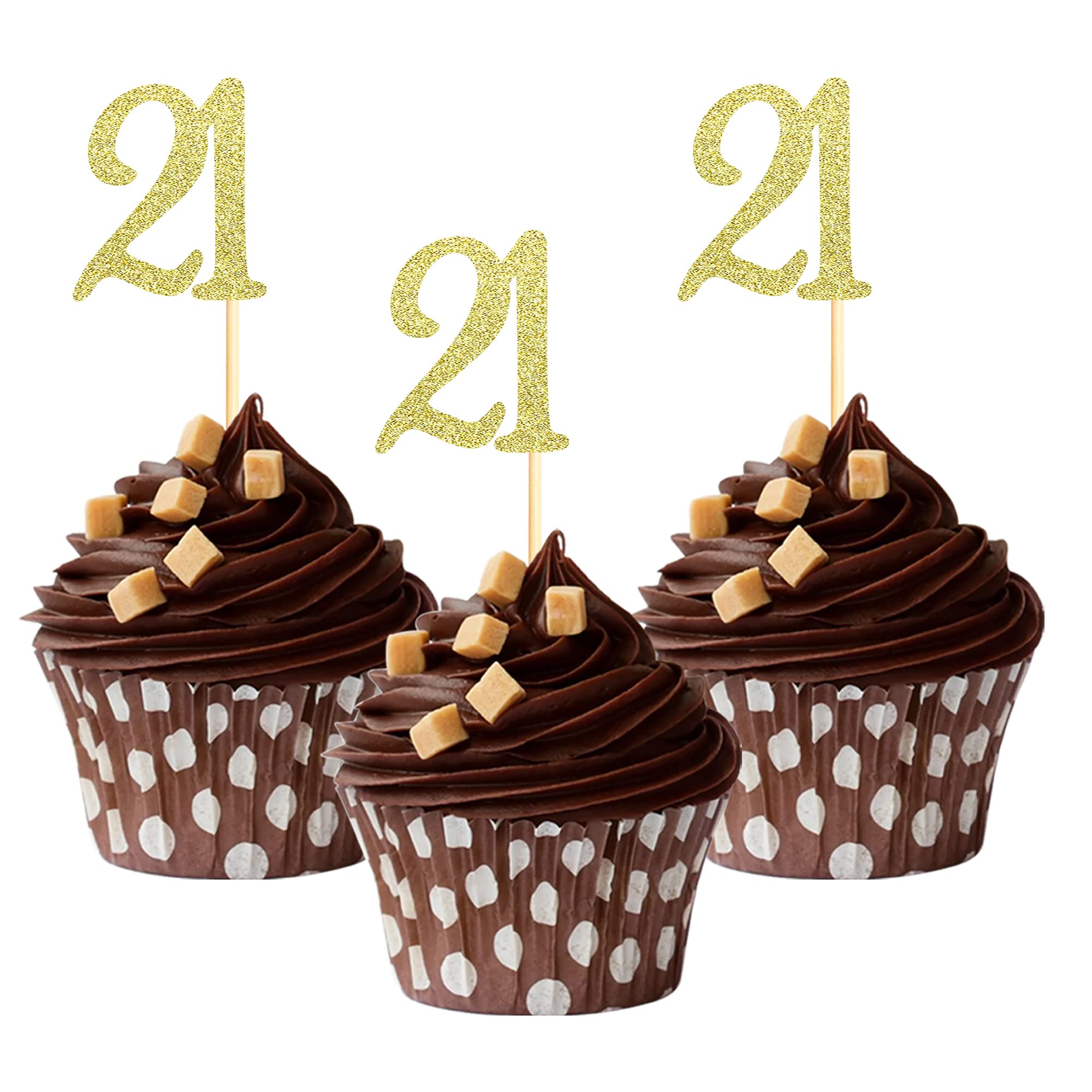 Sumerk 24PCS 21 Cupcake toppers Gold Glitter 21th Birthday Cupcake Picks Anniversary Party Decorations