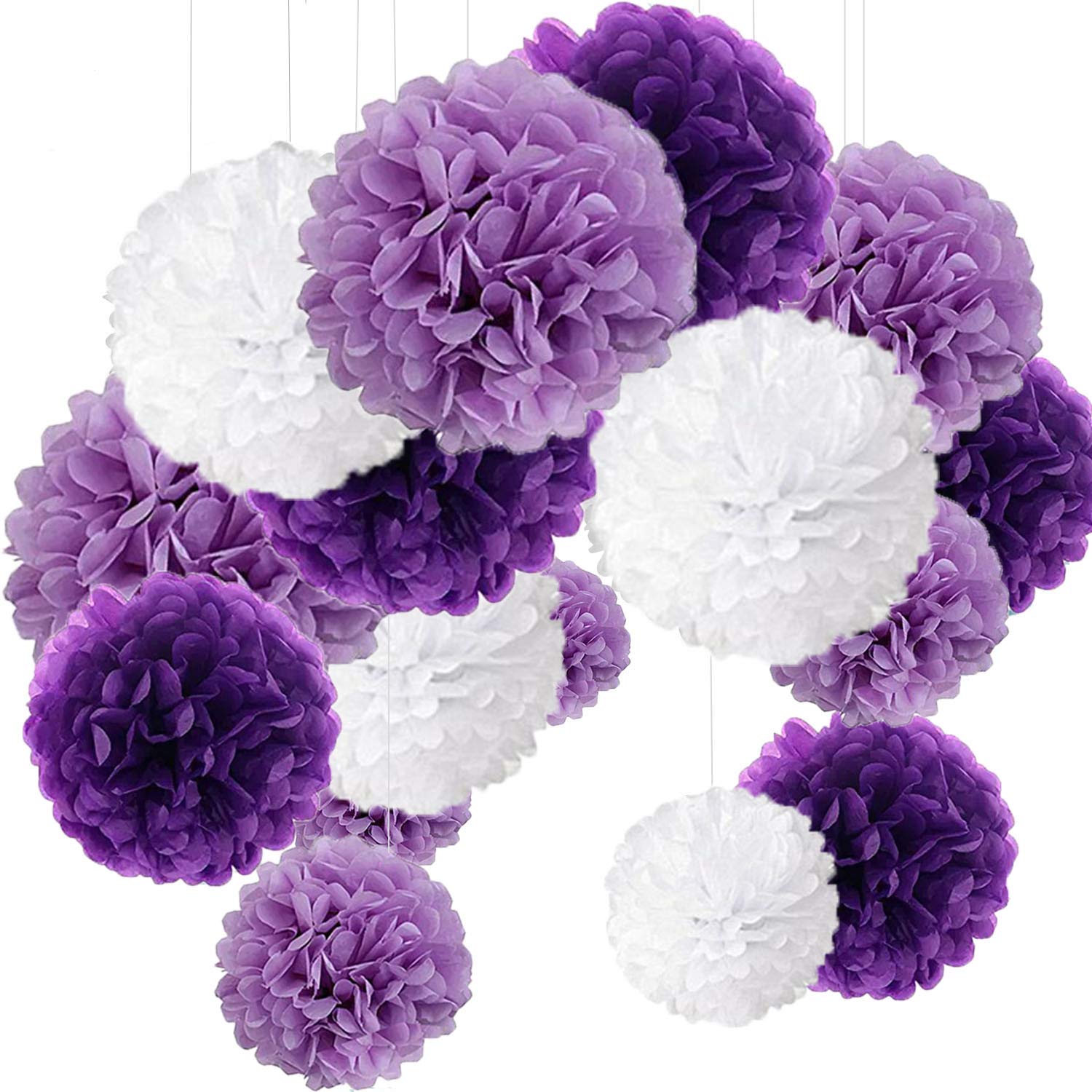 15 pcs Pompom Decorations Tissue Pom Poms Paper Flower Ball for Wedding Festival Party Purple, Lavender and White (30.5 cm / 25 cm / 15.5 cm).