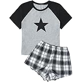Verdusa Women's 2 Piece Pajama Sets Fall Pajamas Plaid Pj Set Tee and Sleepwear Lounge Sets