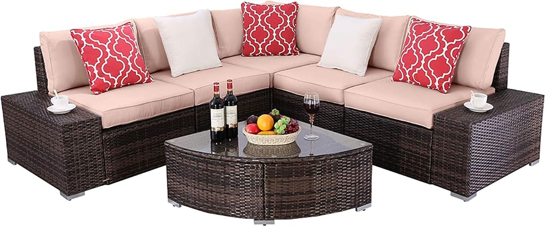 Amazon Com Do4u 6 Pieces Patio Furniture Sets Pe Wicker Rattan Outdoor All Weather Sectional With Cushions And Coffee Table Light Brown Garden Outdoor