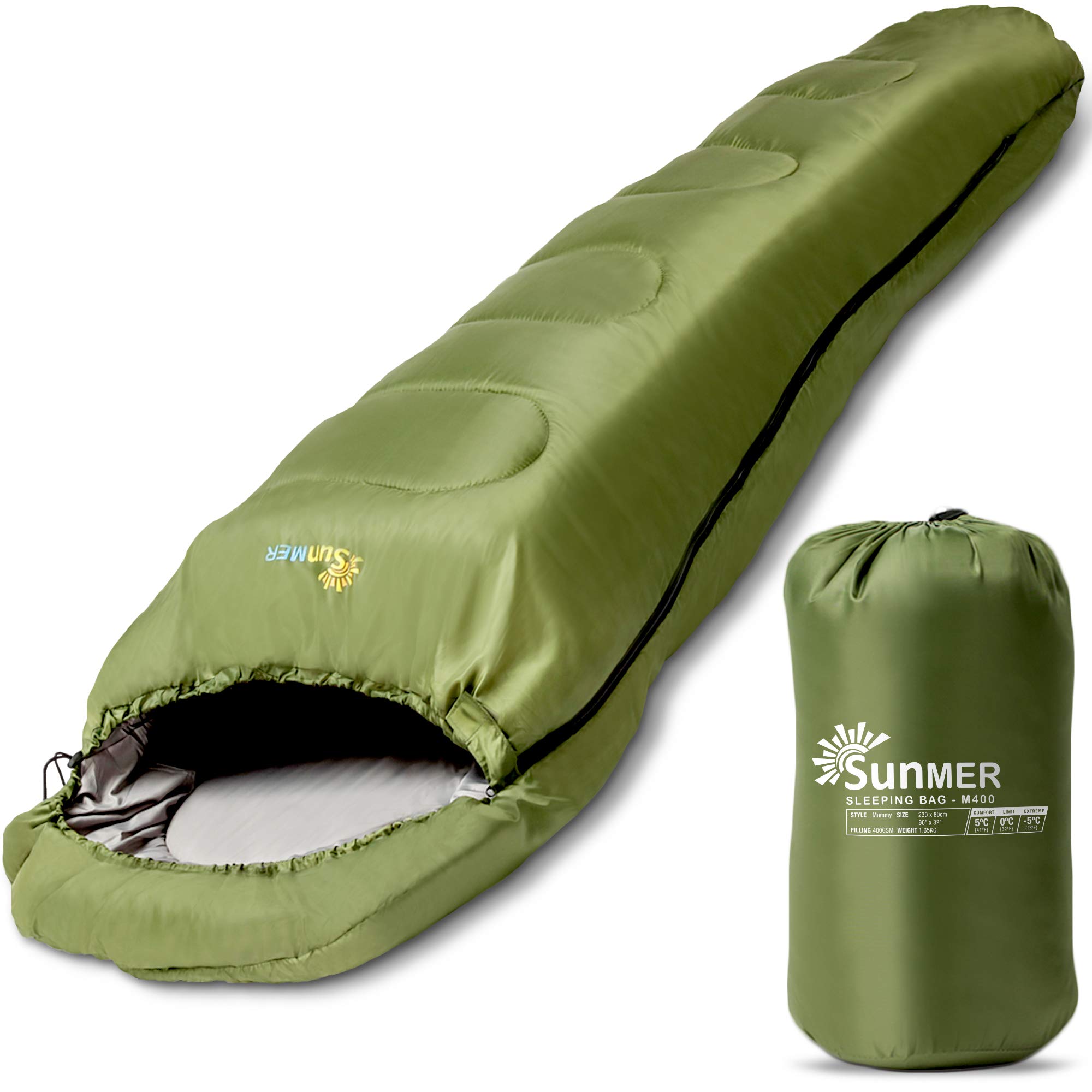 SUNMER Light Weight Mummy Sleeping Bag 400gsm| Easy Access Zip | Durable and Water Resistant (190T Polyester)| Drawstring Mummy Hood | Carry Bag Included - Green
