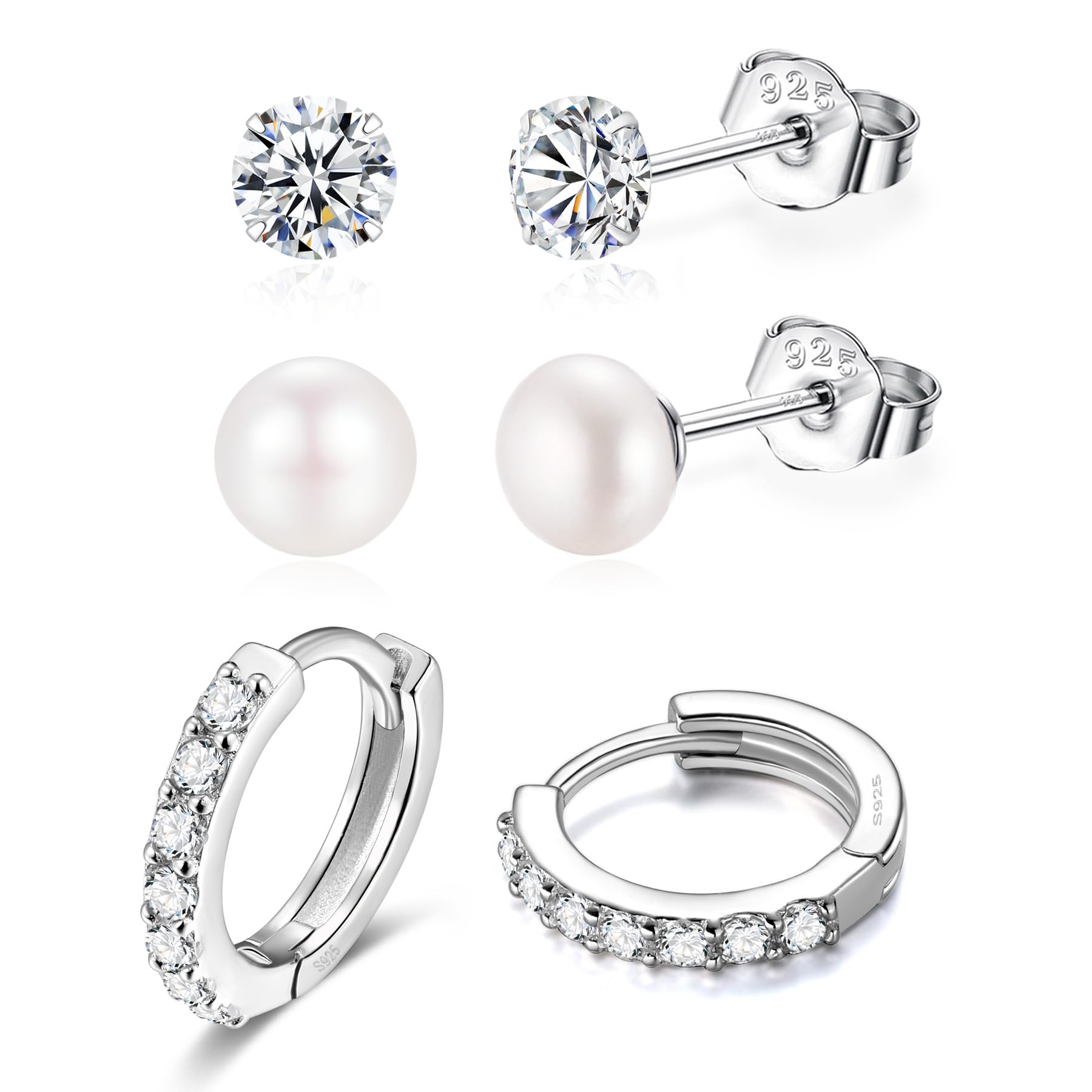 3 pairs 925 sterling silver stud and hoop earrings set - 6mm freshwater pearl studs - 4mm cubic zirconia studs - 9mm huggie Hoops - triple lobe earrings set pack
