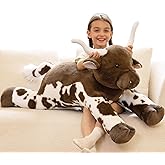 Tezituor 43.3 Giant Longhorn Cow Stuffed Animal, Hugging Fluffy Stuffed Cow Plush Body Pillow, Realistic Large Texas Longhorn Bull Farm Plush Toy for Boys Girls