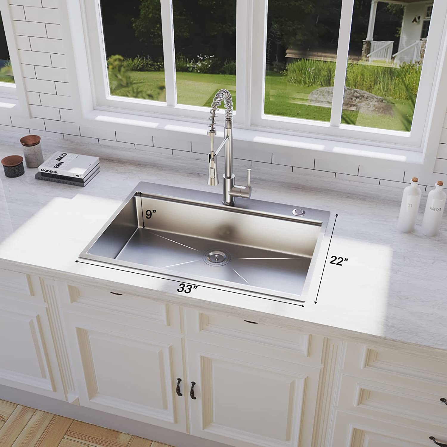 33 x 22 inch Drop In Kitchen Sink, HausinLuck SUS304 Stainless Steel Drop In Workstation Ledge Sinks Topmount Sink 18 Gauge, Handmade Over Counter Large Single Bowl Sink with Accessories (Pack of 5)