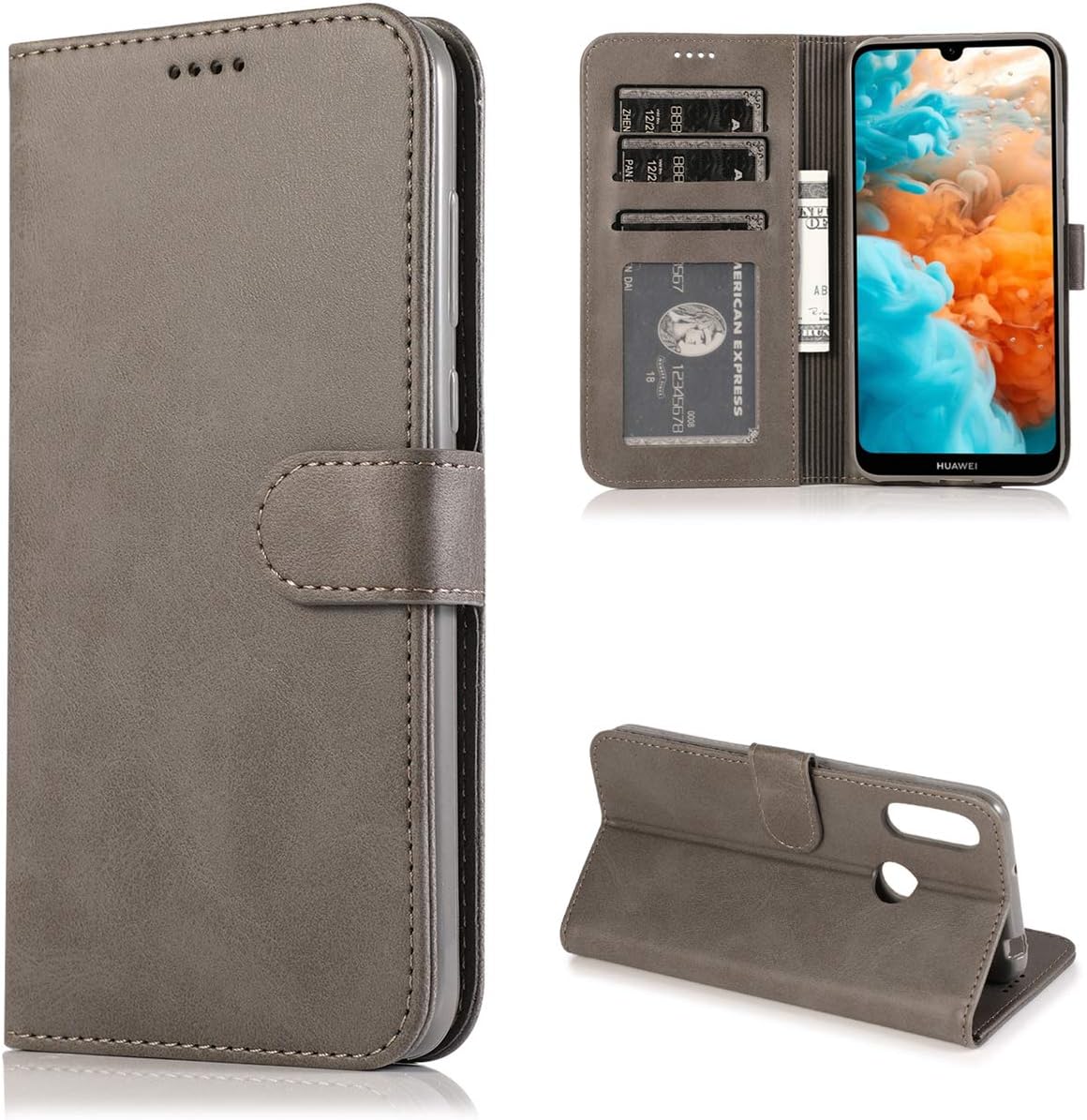 Joytag Compatible For Huawei Y6 2019 case Flip Wallet PU Leather Case with Credit Card slot Holder Stand soft TPU Silicon Bumper protective case-Grey
