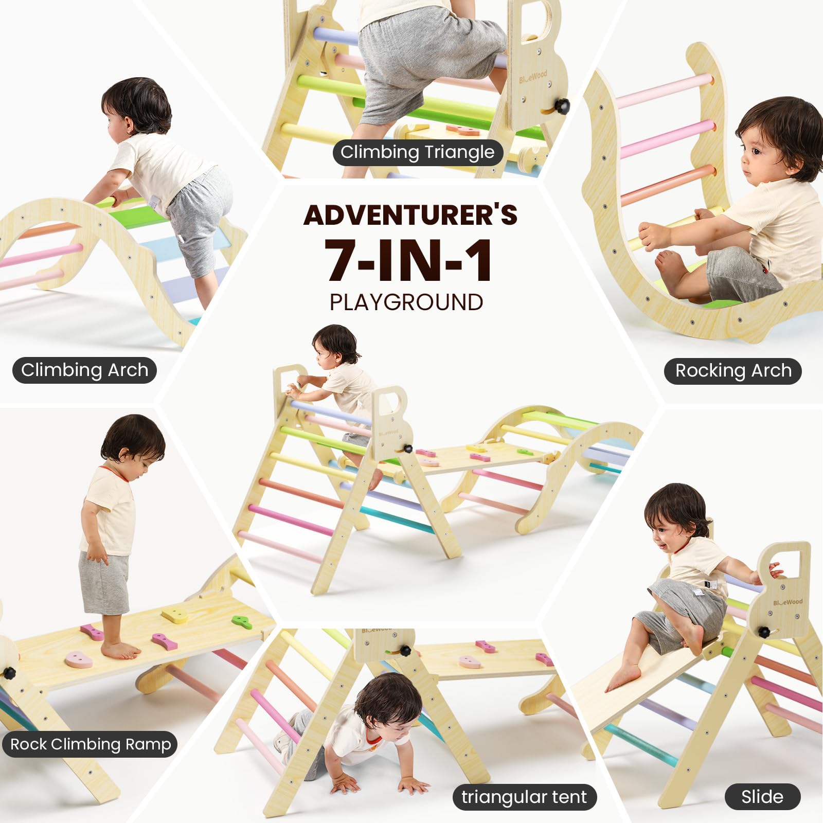 BlueWood Pikler Triangle Set, Toddler Wooden Climbing Toys Indoor 7in1 Foldable Climber for Kids, Montessori Philosophy Play Jungle Gym with Arch, Ramp, Ladder (Colorful Spring)