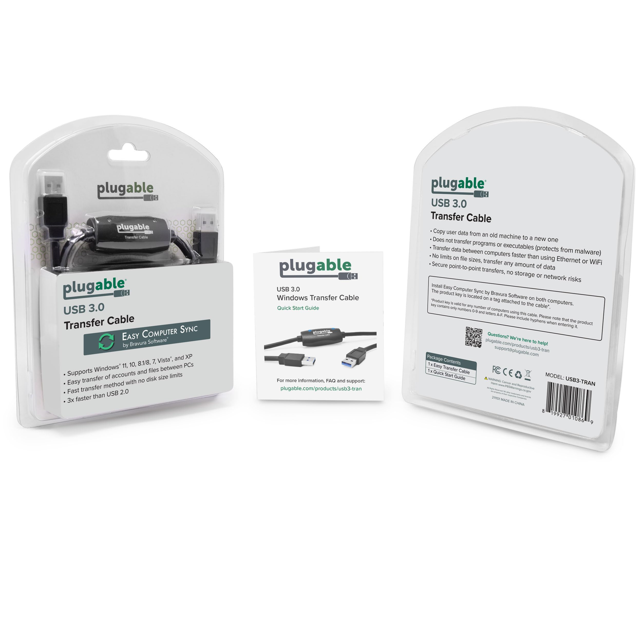 Plugable USB 3.0 Transfer Cable, Unlimited Use, Transfer Data Between 2 Windows PC's, Compatible with Windows 11, 10, 8.1, 8, 7, Vista, XP, Bravura Easy Computer Sync Software Included