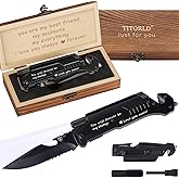 Gifts for Him Men Valentines Day, Anniversary Birthday Gifts for Him Boyfriend Husband, Engraved Pocket Knife, Camping Hiking Multitool Knife Present, 7 in 1 Folding Knives with Wood Box, LED Light